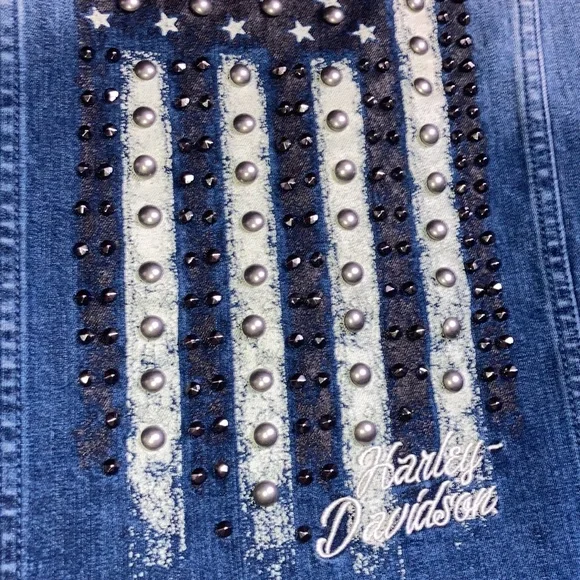 Harley Davidson Denim Vest Metal Stud American Flag No Sleeve Fringes XS - Picture 6 of 7